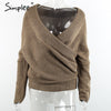 Simplee Sexy thick pullovers white sweater women Autumn winter retro batwing sleeve gray jumper Elegant loose v neck sweaters