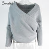 Simplee Sexy thick pullovers white sweater women Autumn winter retro batwing sleeve gray jumper Elegant loose v neck sweaters