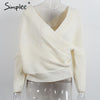 Simplee Sexy thick pullovers white sweater women Autumn winter retro batwing sleeve gray jumper Elegant loose v neck sweaters