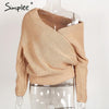 Simplee Sexy thick pullovers white sweater women Autumn winter retro batwing sleeve gray jumper Elegant loose v neck sweaters