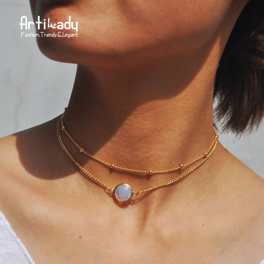 Artilady natural crystal 2 layer choker necklace gold color chain opal stone pendant necklace for women jewelry